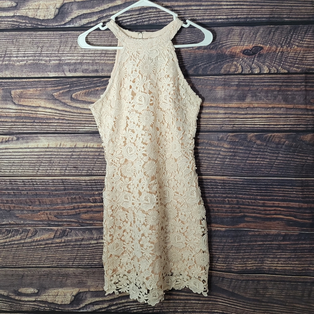 Medium Blush Pink mini dress with floral crochet overlay